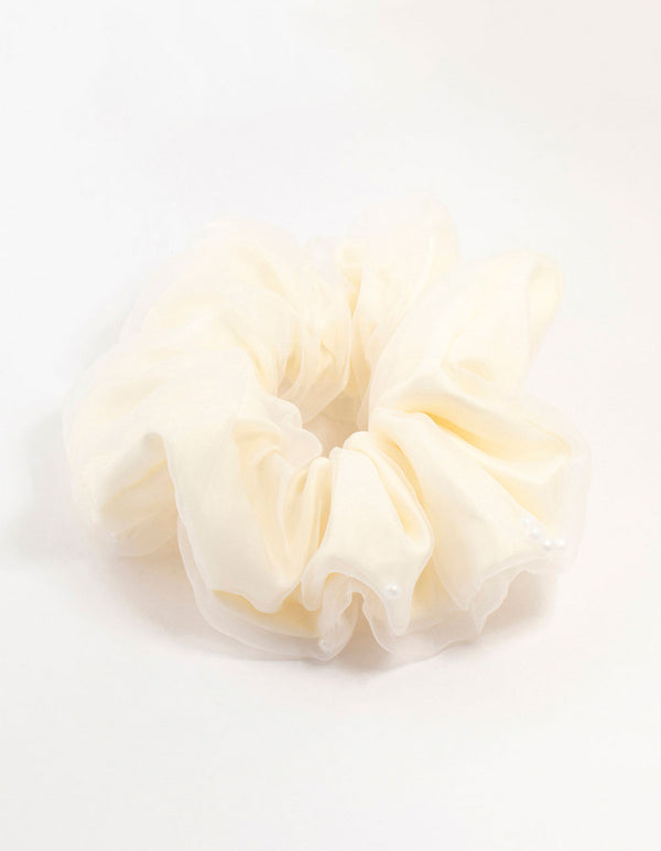 Large White Fabric Pearl Detail Scrunchie