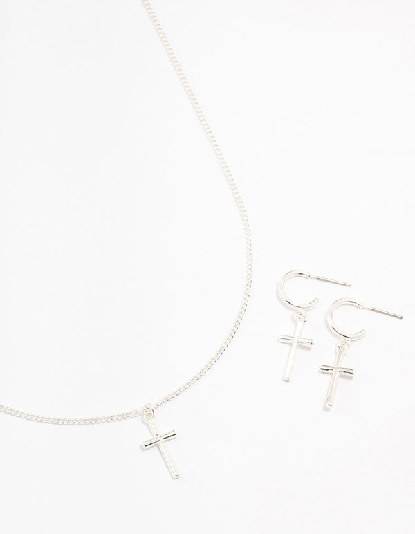 Sleek Silver Cross Necklace & Earring Set