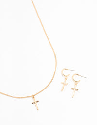 Sleek Gold Cross Necklace & Earring Set - link has visual effect only