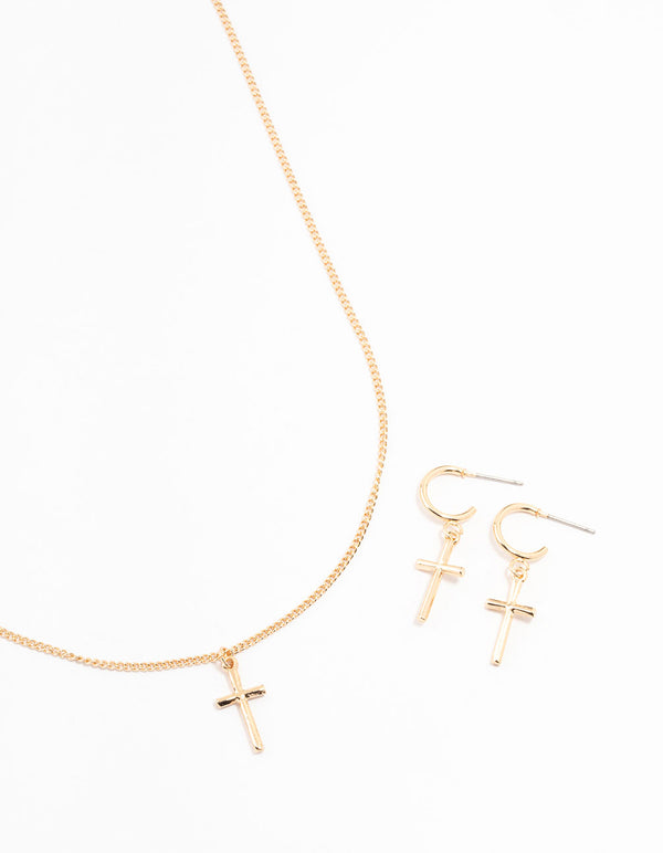 Sleek Gold Cross Necklace & Earring Set