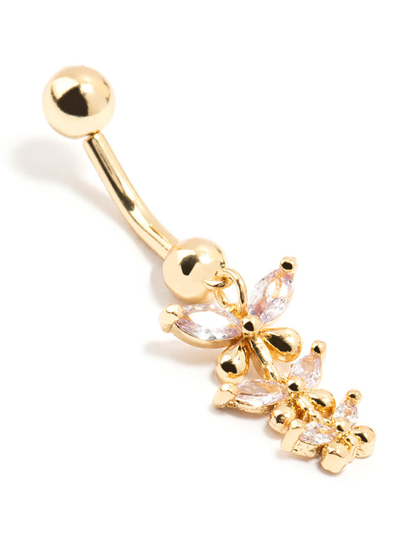 Gold Plated Surgical Steel Trio Butterfly Drop Belly Bar