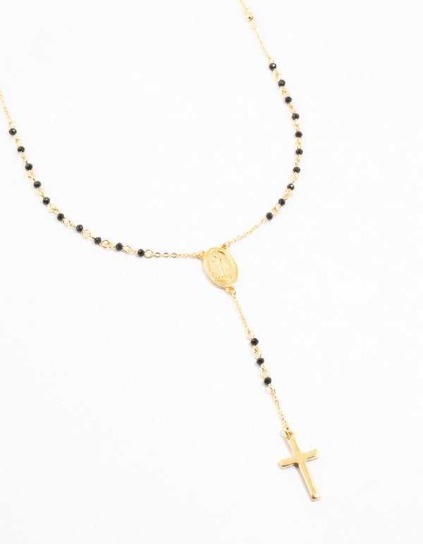 Gold Plated Cross Mary Beaded Necklace