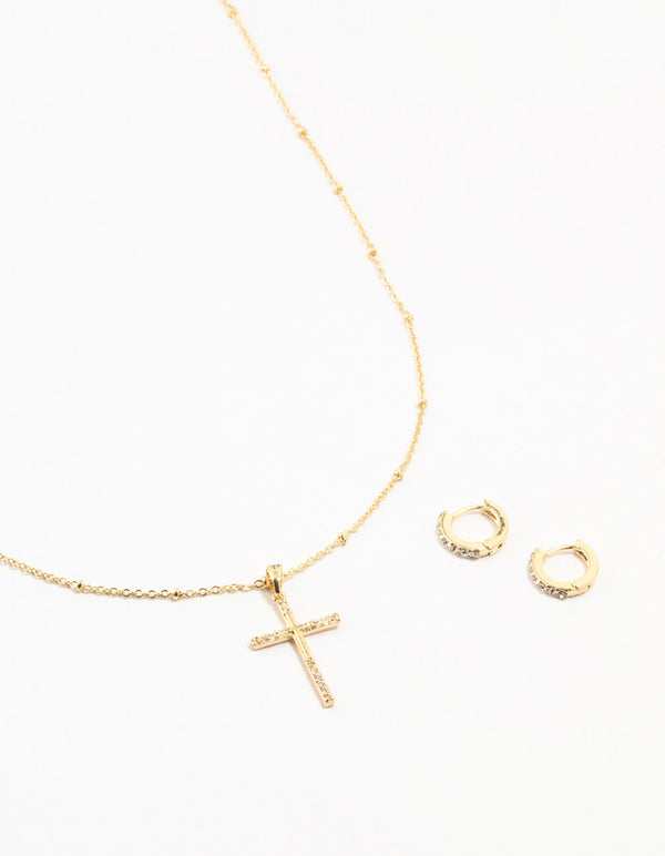 Gold Plated Diamante Edge Cross Necklace & Huggie Earrings Set