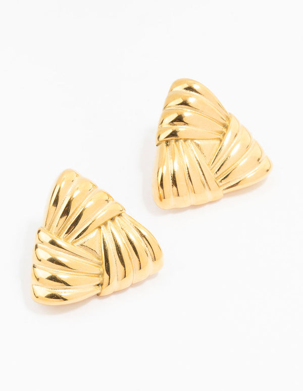 Waterproof Gold Plated Stainless Steel Ribbed Triangle Stud Earrings