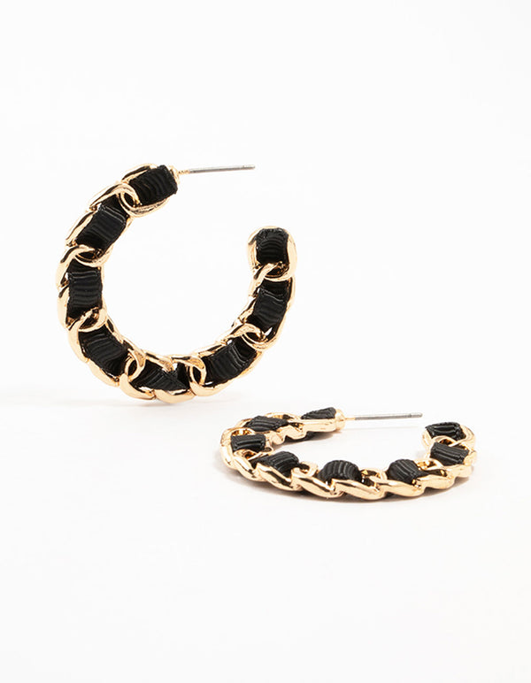 Gold & Black Woven Ribbon Chain Hoop Earrings