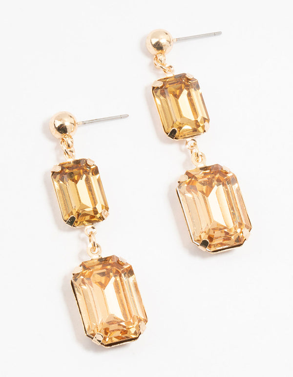 Gold Double Rectangle orange  Diamante Drop Earrings