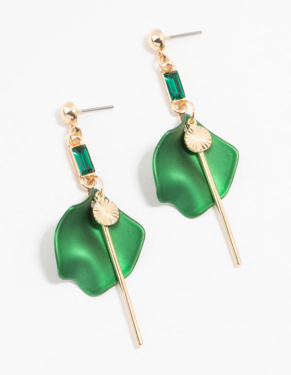 Gold Green Pearlised Bow Chain Drop Earrings