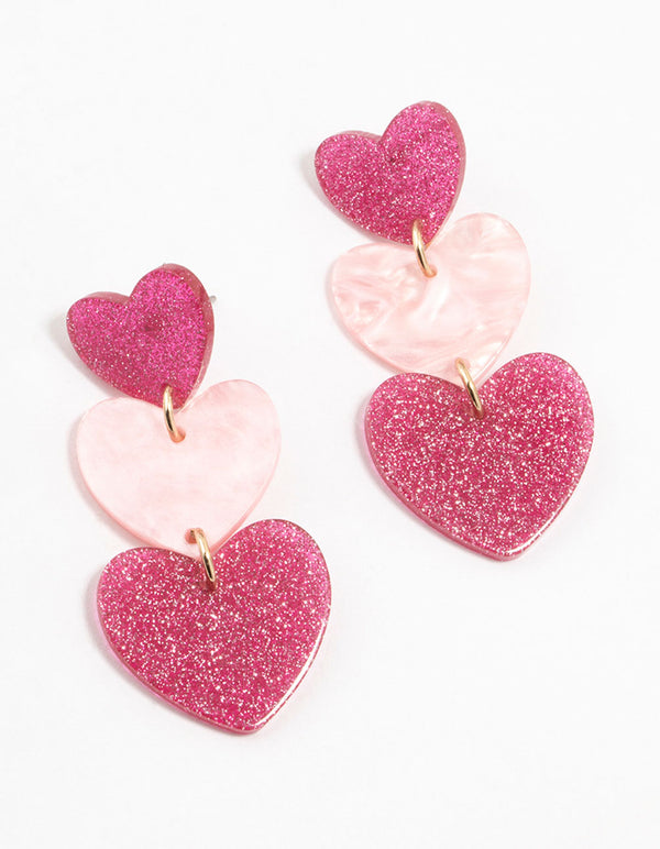 Triple Pink Acrylic Glitter Heart Drop Earrings