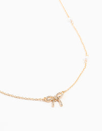 Gold Station Pearl Diamante Bow Necklace - link has visual effect only