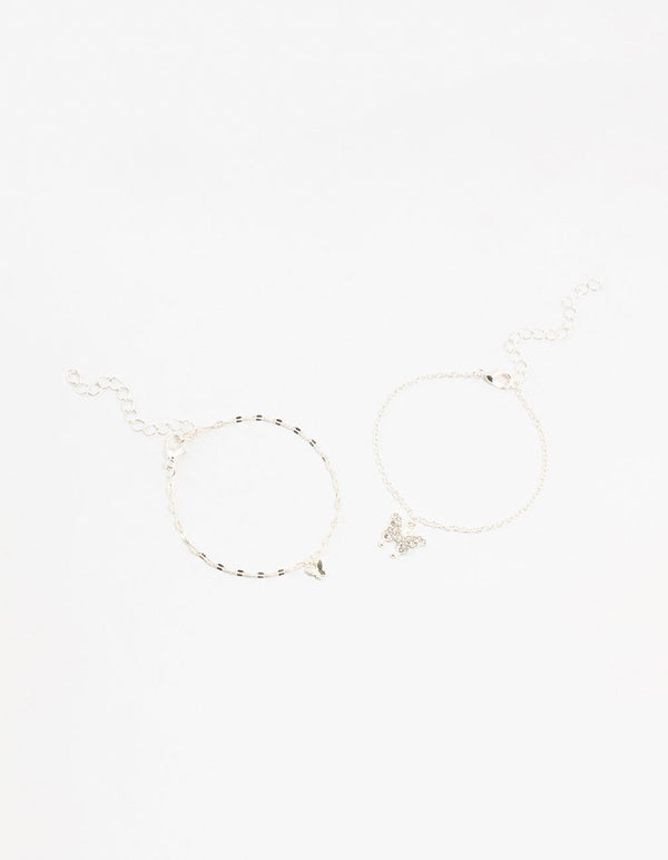 Silver Diamante Butterfly Charm Bracelets 2-Pack