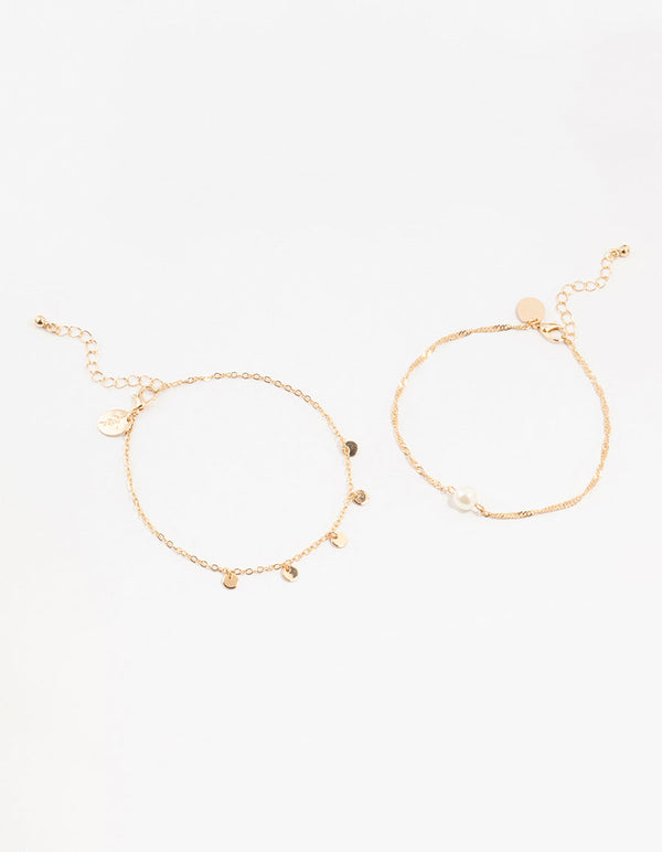 Gold Pearl Disc Pendant Anklets 2-Pack