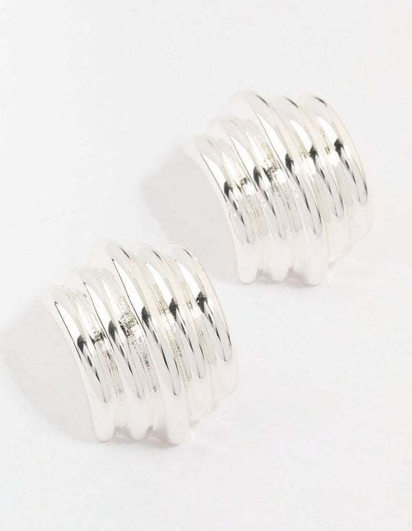 Silver Plated Ribbed Medium Stud Earrings