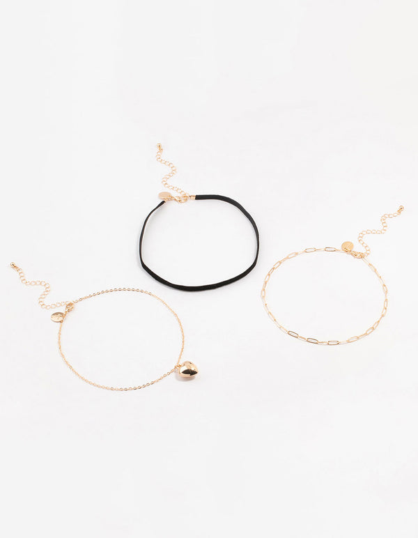 Gold Ribbon Puff Heart Chokers 3-Pack