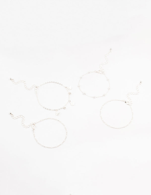 Silver Pearl Stone Butterfly Bracelets 4-Pack