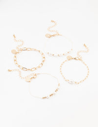 Gold Pearl & Cobblestone Link Bracelets 4-Pack - link has visual effect only