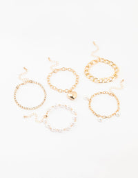 Gold Pearl & Puffy Heart Bracelets 5-Pack - link has visual effect only