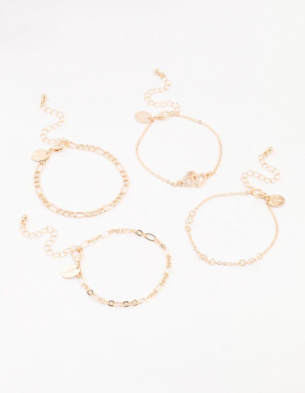 Gold Diamante Link Heart Bracelets 4-Pack