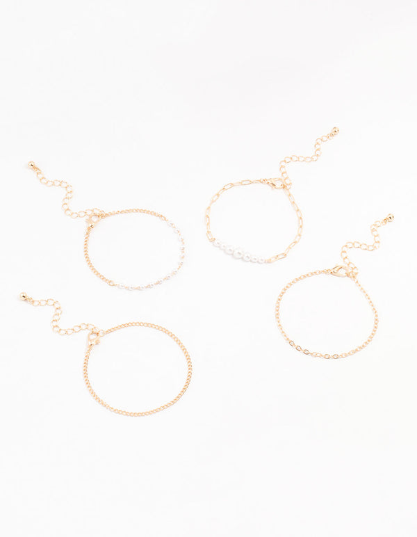 Gold Pearl Paperclip Chain Bracelet 4-Pack