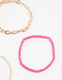 Pink Cable Link & Beaded Gold Bracelets 4-Pack - link has visual effect only