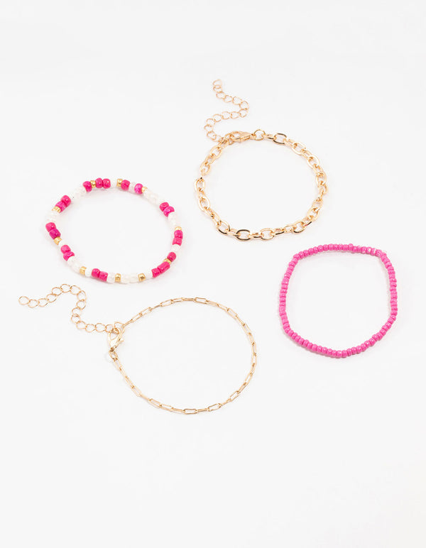 Pink Cable Link & Beaded Gold Bracelets 4-Pack