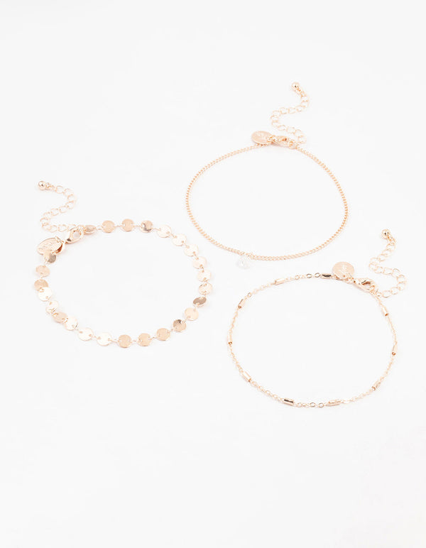 Rose Gold Disc Chain Diamante Anklets 3-Pack