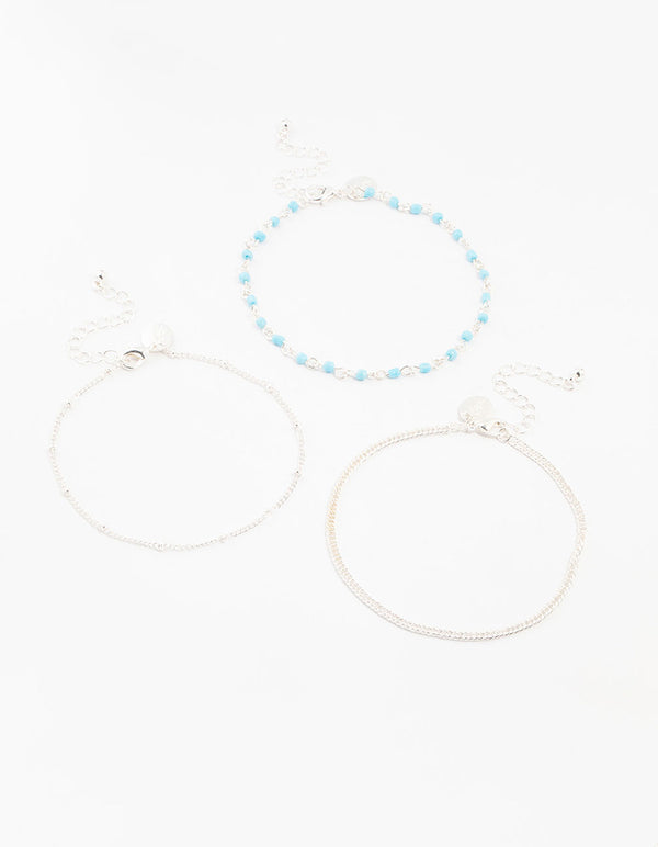 Silver Ball & Chain & Beaded Anklets 3-Pack