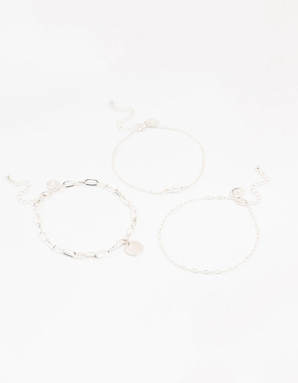 Silver Pearl Disc Drop Anklets 3-Pack