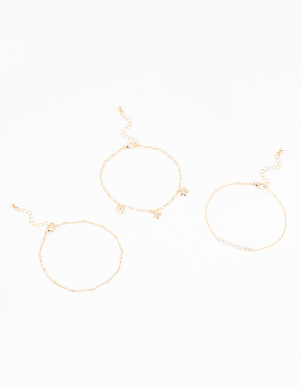 Gold Pearl Flower Drop Anklet 3-Pack