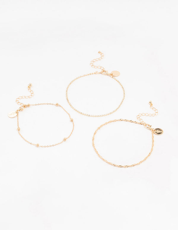 Gold Twisted Cupchain Anklets 3-Pack