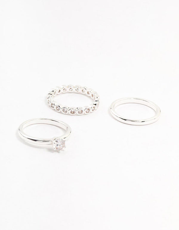 Silver Plated Fine Round Cubic Zirconia Stacking Rings 3-Pack