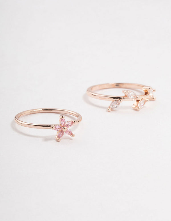 Rose Gold Flower Vine Cubic Zirconia Rings 2-Pack