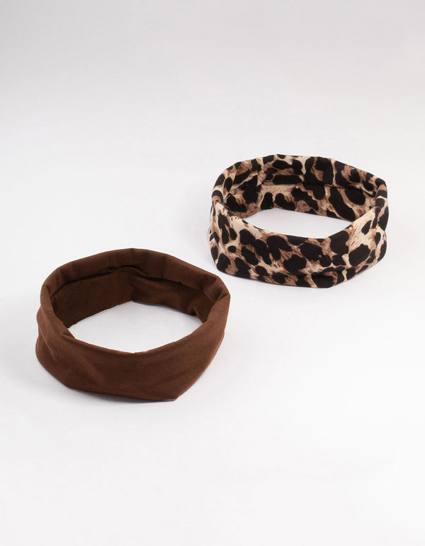 Brown & Leopard Print Stretch Fabric Headbands 2-Pack