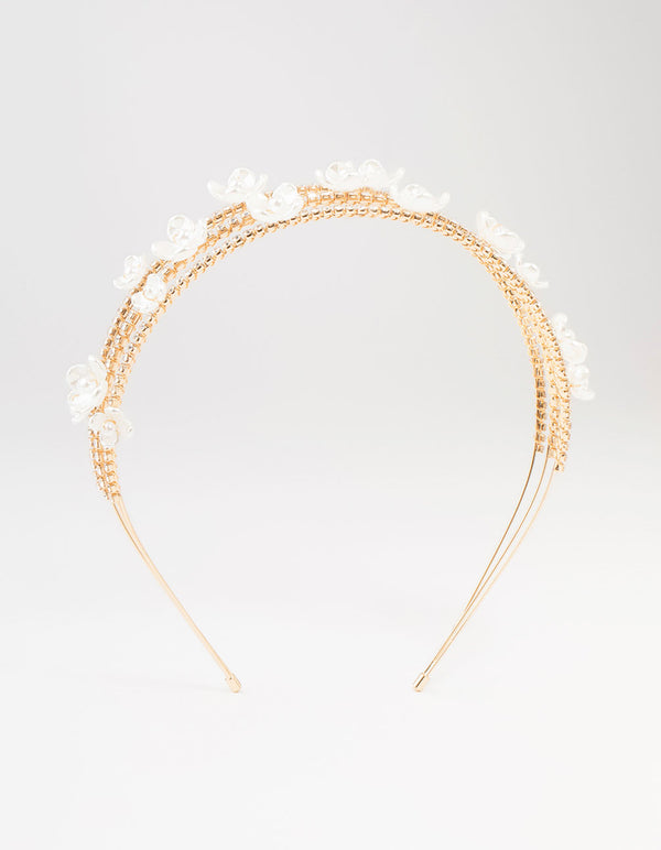 Pearl Flower 3 Row Gold Headband