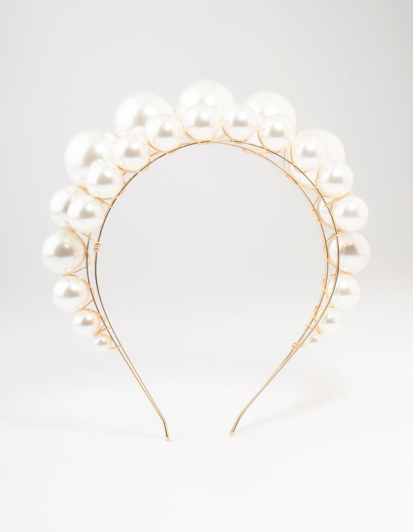 Large 2 Row Pearl Gold Headband