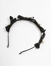 Black Small Bow Fabric Pearl Headband - link has visual effect only