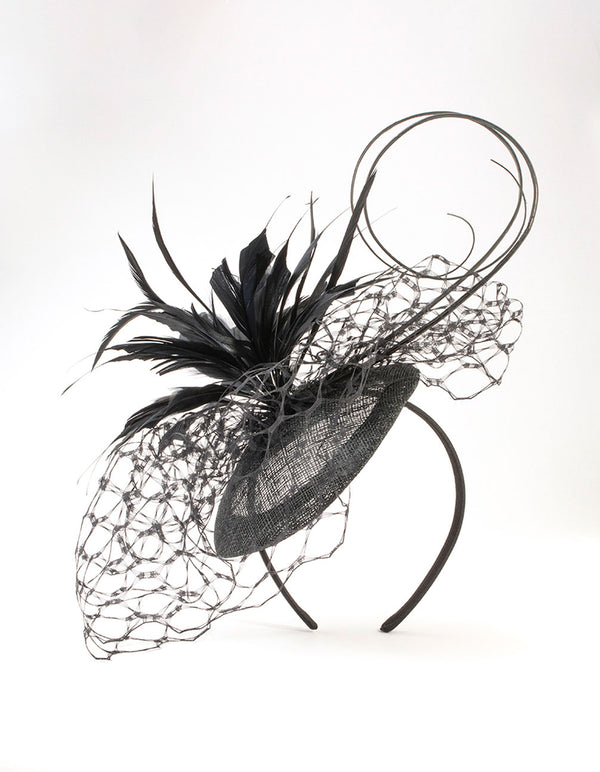 Large Black Feather Veil Fascinator