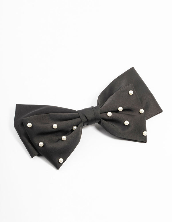 Black Fabric Pearl Bow Clip