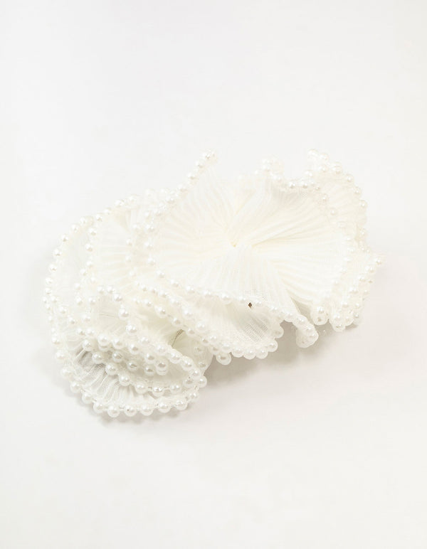 White Plisse Fabric & Pearl Scrunchie