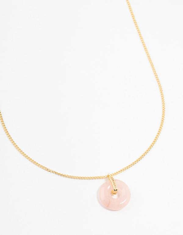 Gold Plated Cubic Zirconia Semi Precious Rose Quartz Donut Necklace