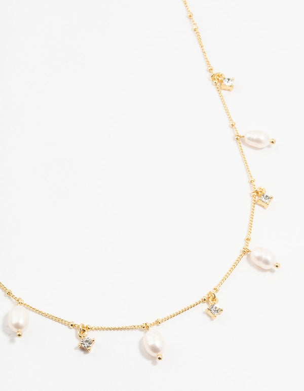 Gold Plated Alternating Pearl & Cubic Zirconia Station Necklace