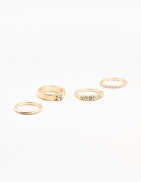 Gold Plated Ribbed  & Diamante Rings 4-Pack - link has visual effect only