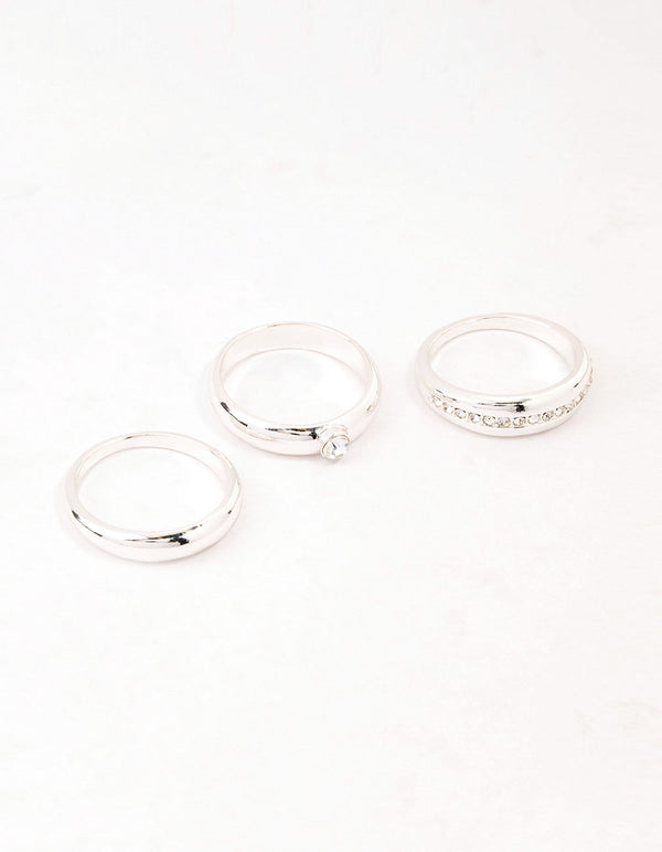 Silver Plated Cubic Zirconia &  Chunky Rings 3-Pack