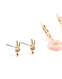 Gold Small Doughnut & Peace Sign Stud  Earrings 3-Pack - link has visual effect only