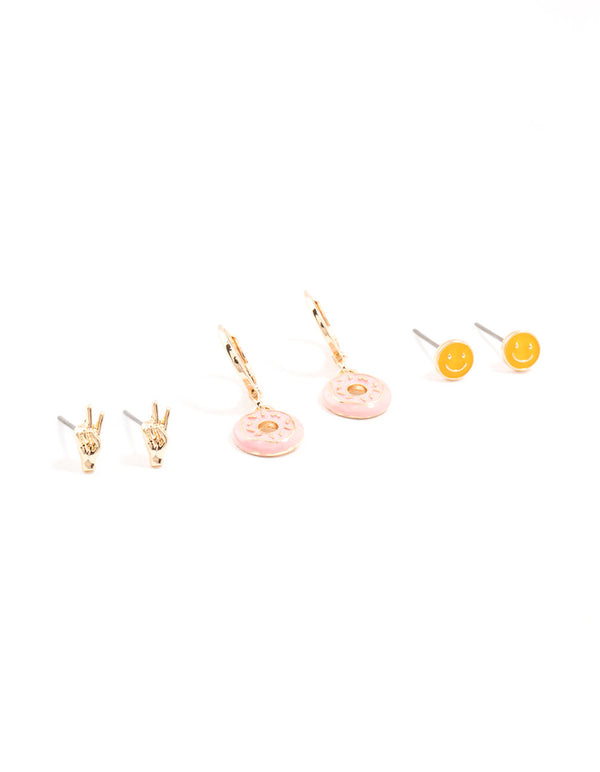 Gold Small Doughnut & Peace Sign Stud  Earrings 3-Pack