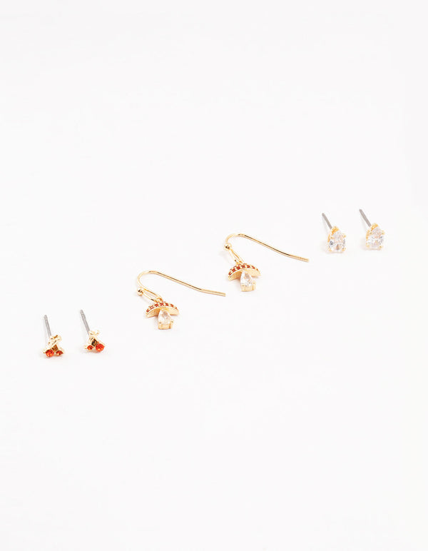 Gold Diamante Mushroom & Cherry Earrings 3-Pack