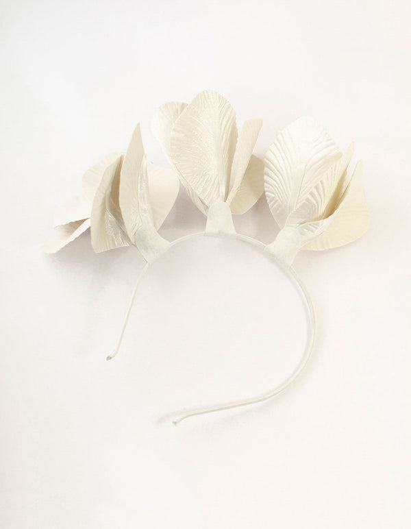 Gorgeous white fascinator with flowers and gold tipped feathers on a popular headband!