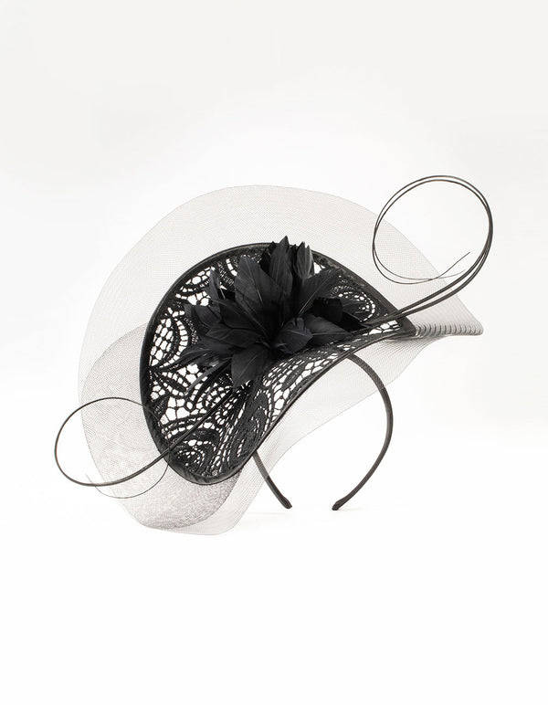 Black Sinamay Lace Quill Fascinator