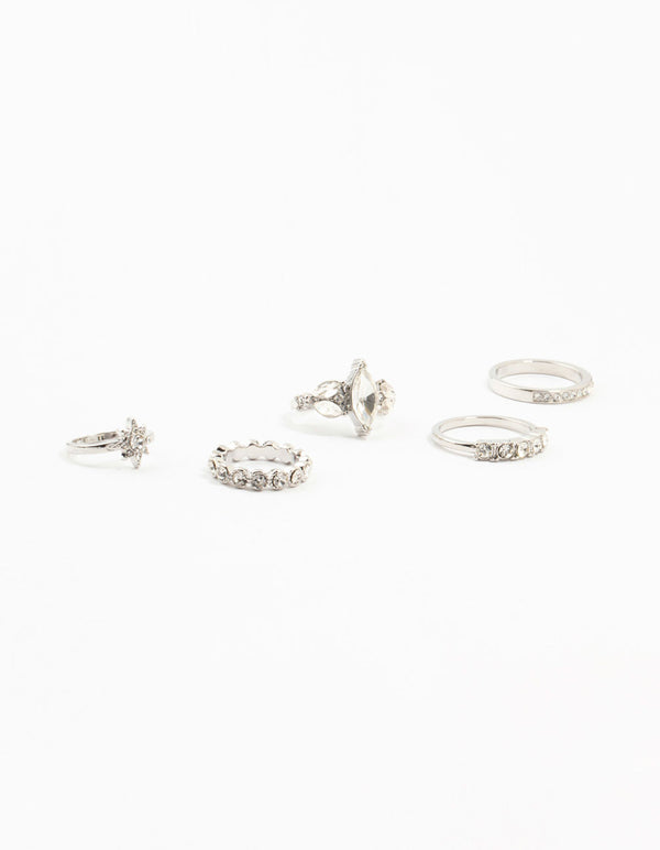 Silver Mixed Diamante Rings 5-Pack