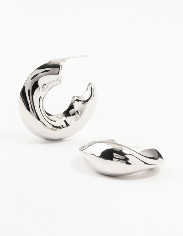 Rhodium Melted Wave Hoop Earrings