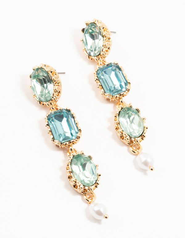 Gold & Aqua Mixed Shape Diamante Drop Earrings